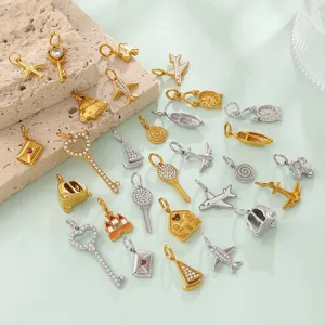 Stainless Steel Retro DIY Pendant Charm For Jewelry Making Gold Plated Rhinestone Airplane Key Castle Design Fashion Women Jewelry Accessories
