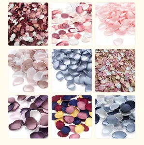 Collage of multiple color options for artificial satin rose petals wedding decor.