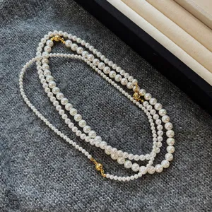Elegant multi-strand Australian white round pearl necklace with gold magnetic clasp