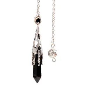 Natural black crystal hexagonal prism pendulum pendant necklace with silver filigree cap