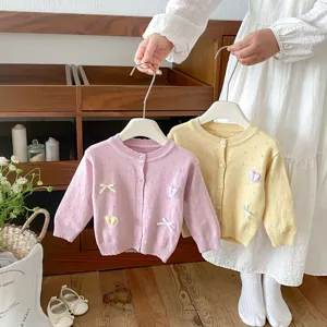 Toddler baby knit cardigan sweater cute heart bow embroidered knitwear top autumn outfit