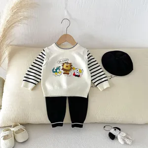 Baby boy knit sweater set with pants and beret, cute cartoon animal embroidery casual wear.