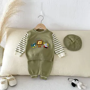 Baby knitted sweater set with pants and hat, cute cartoon embroidery toddler outfit