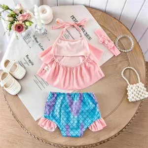 Baby Mädchen Meerjungfrau Badeanzug Set, süßes Halter-Top mit Rüschen und Fischschuppen Hose.