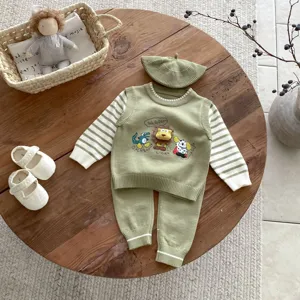 Baby autumn knitwear set 3-piece cotton cute cartoon vest pants beret outfit for kids
