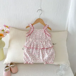 Baby girls summer floral sleeveless top and bloomers two piece set cute ruffles outfit
