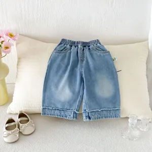Girls cute denim wide leg pants with heart embroidery, stylish autumn casual toddler trousers.