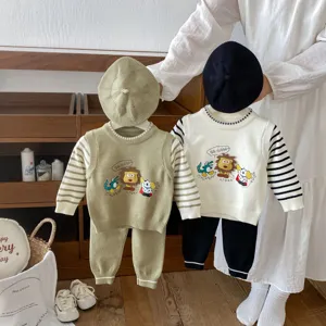 Kids knitted set with vest, striped long sleeve shirt, pants, and beret for autumn toddler wear.