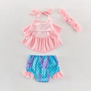 Süßer Meerjungfrau Kleinkind Mädchen Bikini mit Neckholder, Fischschuppen und Haarband.