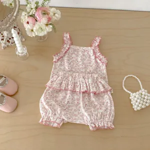 Baby girl summer floral camisole top and bloomers two-piece set with cute ruffles.
