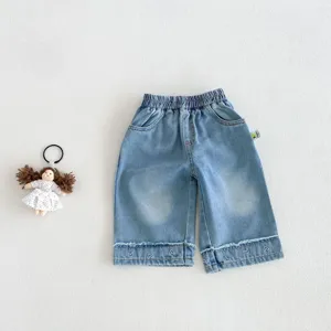 Kids denim wide leg pants autumn girls casual elastic waist cute heart embroidery jeans
