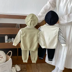 Baby boys knit sweater vest pants and beret three-piece set autumn toddler casual clothing.