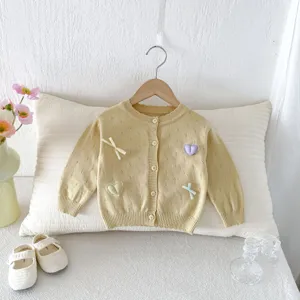 Baby knitted cardigan detail, cute heart embroidery, round neck infant sweater coat.