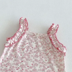 Summer baby girl floral tank top detail, sweet ruffle strap and cute bow, breathable ribbed fabric.
