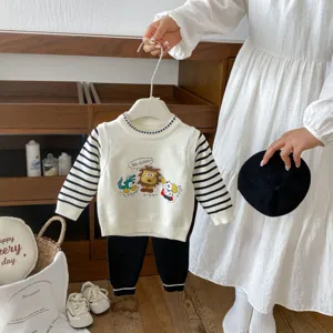 Baby toddler fall knit sweater set with pants and beret, cute cartoon style casual outfit.