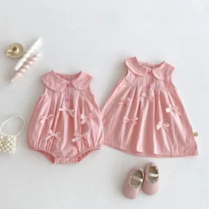 Verano Bebé Niñas Lindo Lazo Cuello Peter Pan Sin Mangas Algodón Mameluco Vestido Traje A juego de Hermana