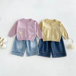 Infant baby girl knit cardigan and denim pants set, sweet heart embroidery, cute outfit detail.
