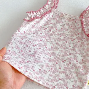 Baby summer sleeveless floral vest detail, cute ruffled strap cotton knit top for toddler girls.