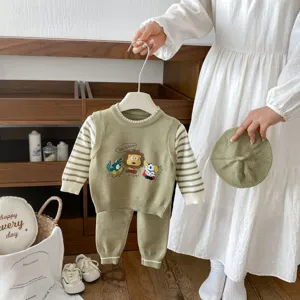 Toddler baby knit sweater vest pants beret 3-piece set cute cartoon autumn clothing set