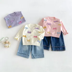 Toddler baby girls cute knit cardigan sweater and denim pants set with sweet colorful bows.