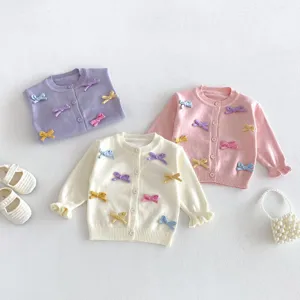 Cute baby girls cardigan sweater with colorful bows, soft knitwear autumn baby kids outerwear.
