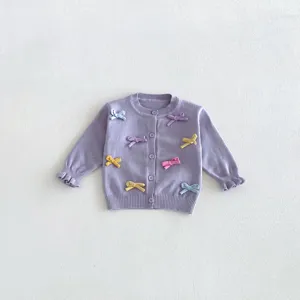 Cute baby girl knitted cardigan with colorful bows, soft long sleeve sweater outerwear.