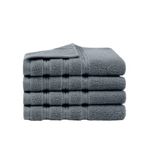 Set of 4 solid grey cotton bath face towels with decorative striped headers for daily home use.