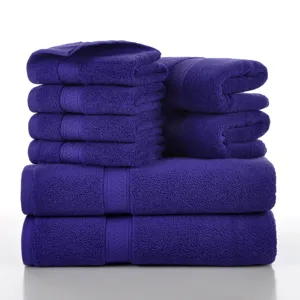 Purple cotton towel set, soft absorbent bath face towels for home daily use. Main view.