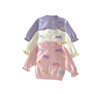 Cute baby girls knitted cardigan sweater with sweet bows, long sleeve knit outerwear.