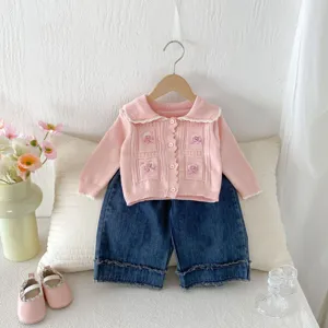 Girls pink knitted cardigan and blue denim jeans set, cute toddler outfit daily wear.