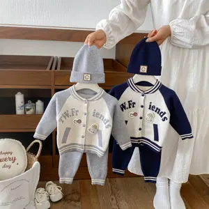 Ensemble trois pièces cardigan de baseball pantalon bonnet automne garçon, style coréen mignon.