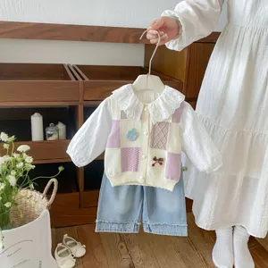 Infant toddler baby girls knit vest blouse denim pants set cute sweet layering outfit