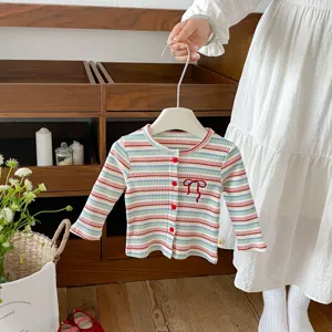 Baby girl striped knit cardigan with button closure and cute bow embroidery. Perfect autumn wear.