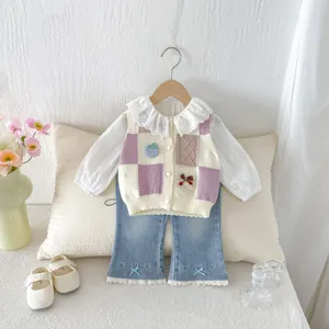 Infant toddler girl layered autumn clothing set cute knit vest blouse and flare jeans