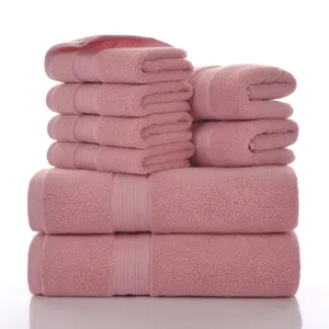 Pink cotton towel set 8 pieces soft absorbent solid color bathroom home daily use.
