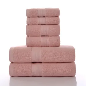 Solid color pink 6-piece cotton towel set, soft and highly absorbent home bath towels.
