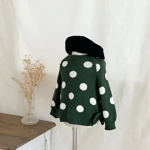 Cute green polka dot knit sweater for girls, comfortable long sleeve winter top for kids.