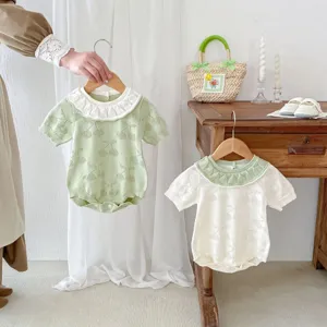 Infant Baby Girls Summer Cotton Knit Short Sleeve Romper Sweet Doll Collar Cherry Bodysuit Casual Outfit