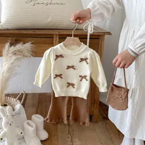 Bambina Neonato Maglione in Maglia Top Pantaloni a Zampa Borsa Abbinata Carino Fiocco Tinta Unita Morbido Caldo Autunno Inverno Abbigliamento Bambini