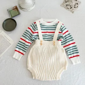 Säugling Baby Strick Strampler Latzhose Und Gestreifter Pullover Set Neugeborene Baumwolle Unisex Herbst Frühling Babybekleidung
