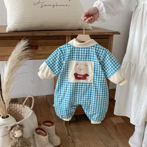 Infant baby fleece padded winter romper detail with cute bear pocket and plaid design