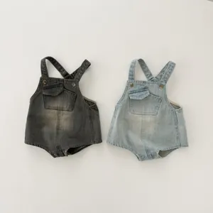 Infant baby denim suspender rompers set, stylish casual cotton overalls for boys and girls.