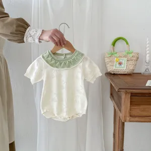 Infant baby girl knit romper detail, cute green doll collar, hollow out short sleeve design.