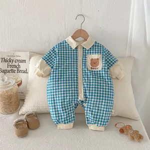 Cute baby winter blue plaid romper with bear pocket, warm fleece lined infant jumpsuit.