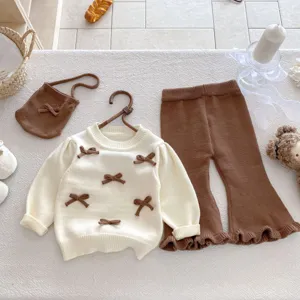 Set maglione lavorato a maglia bambina inverno simpatico fiocco pantaloni borsa 3pz
