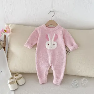Cute plush baby winter warm long sleeve romper with lovely rabbit face design for little babies.