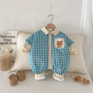 Baby winter warm fleece romper blue plaid lapel cute bear pocket infant toddler clothing detail