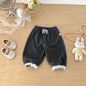 Toddler girls casual dark gray lantern pants with cute white lace cuffs daily wear