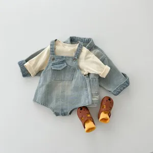 Adorable infant denim romper set with long sleeve shirt and jacket for baby boys and girls