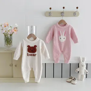 Cute thick fleece baby romper with bear and rabbit designs, warm long sleeve jumpsuit for winter.